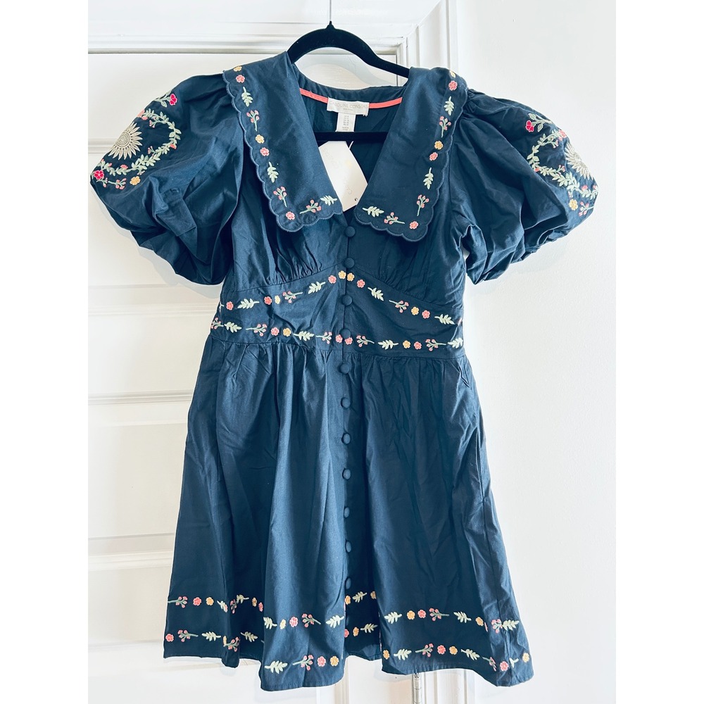 Caroline Constas Black Embroidered Floral Puff Sleeve Mini Dress NWT Size 6 - Picture 3 of 6